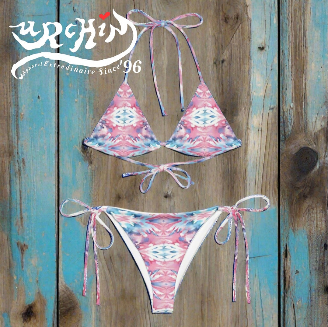 URCHIN Clothes & Swimwear. 'CORAL SEA' Pink and Blue Tie Dye. Recycled String Tie Bikini Set. Choice of Sizes.