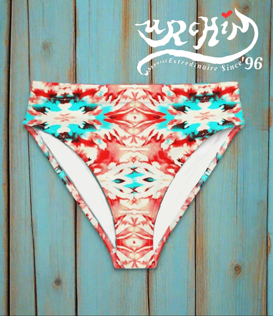 URCHIN Clothes & Swimwear. 'CORAL SEA' Red and Blue Tie Dye. Recycled High Waisted Bikini bottom. Choice of Sizes.