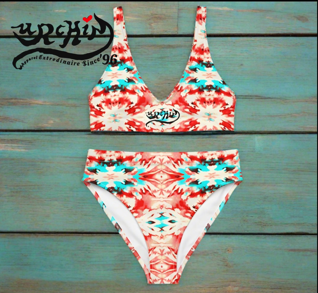 URCHIN Clothes & Swimwear. 'CORAL SEA' Red and Blue Tie Dye. Recycled High Waisted Bikini. Choice of Sizes.