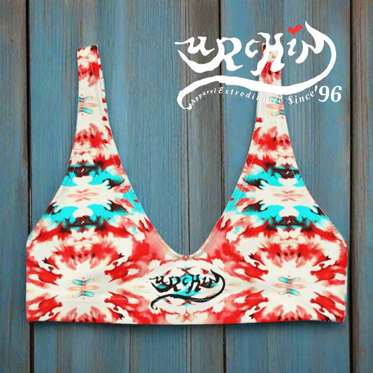 URCHIN Clothes & Swimwear. 'CORAL SEA' Red and Blue Tie Dye. Recycled Padded Bikini Top. Choice of Sizes.