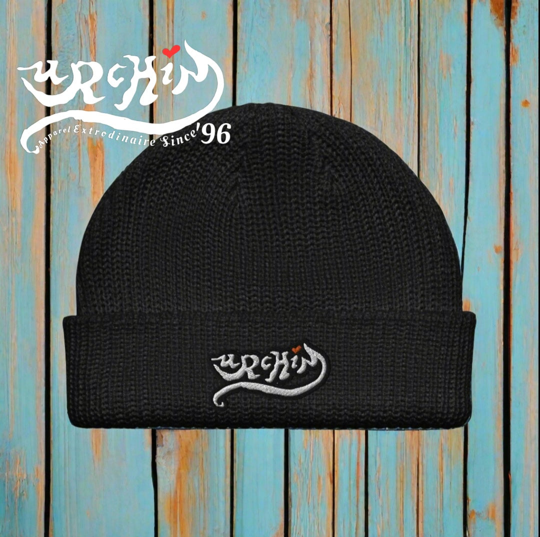 URCHIN Headwear 'URCHIN LOGO' White on Black. Unisex Fisherman beanie. One Size. Choice of Colours.