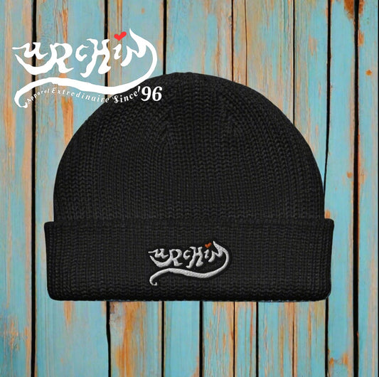 URCHIN Headwear 'URCHIN LOGO' White on Black. Unisex Fisherman beanie. One Size. Choice of Colours.
