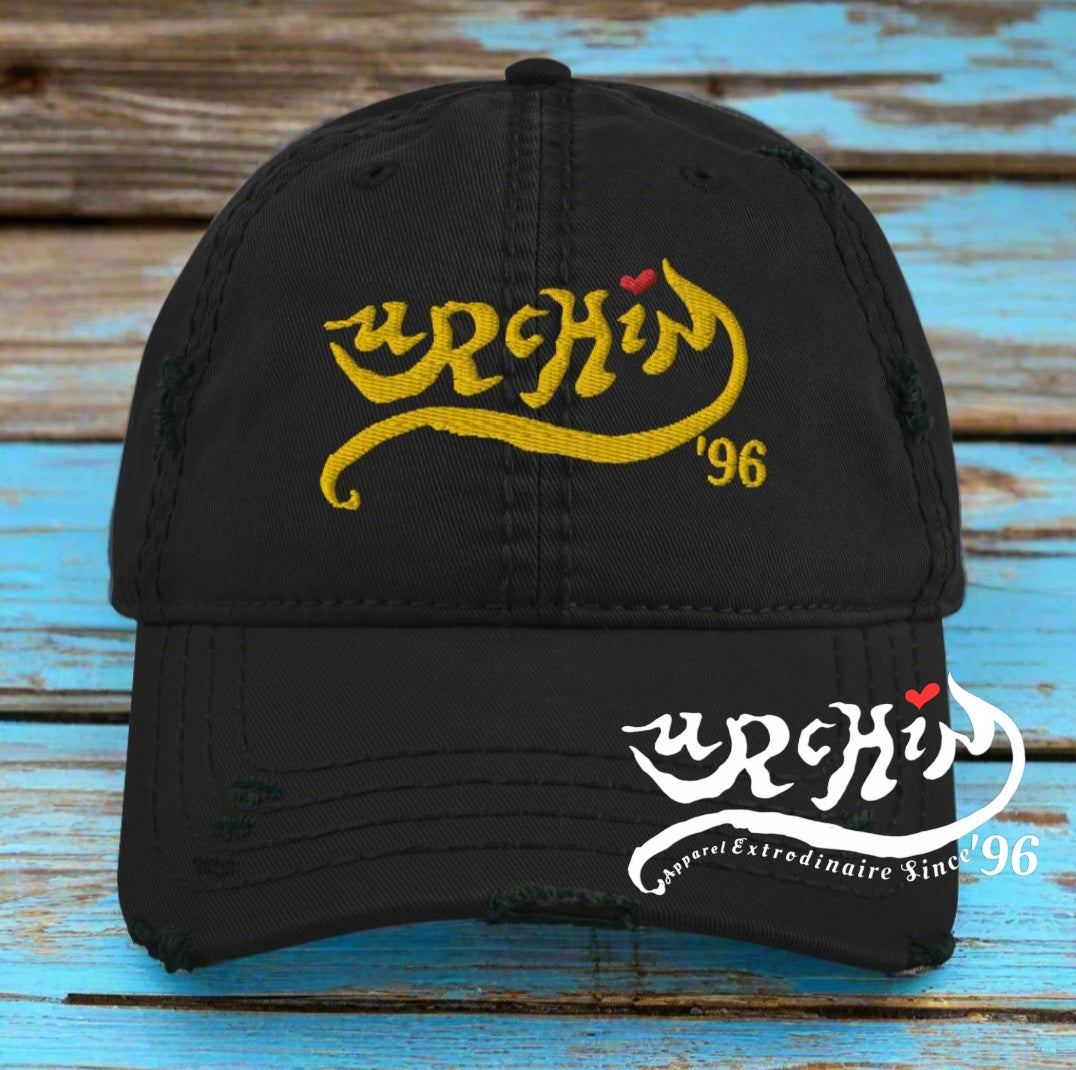URCHIN Headwear 'Urchin 96' Logo- Baseball Cap. Gold Logo. Lightly Distressed. Embroidered front and side Design. Choice of Colours.
