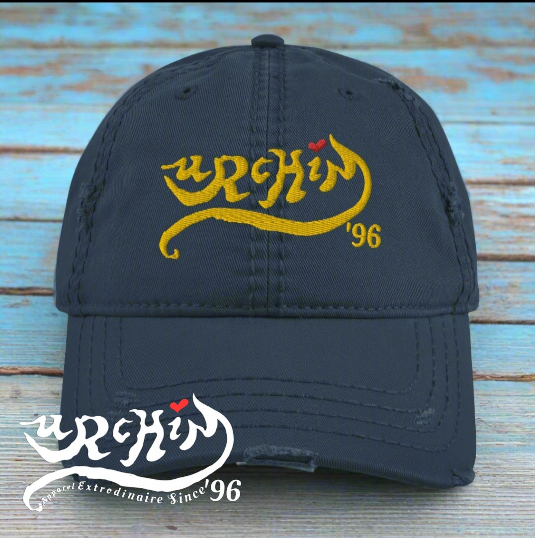 URCHIN Headwear 'Urchin 96' Logo- Baseball Cap. Gold Logo. Lightly Distressed. Embroidered front and side Design. Choice of Colours.