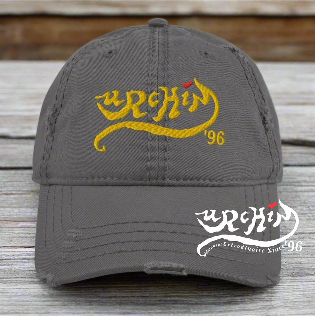 URCHIN Headwear 'Urchin 96' Logo- Baseball Cap. Gold Logo. Lightly Distressed. Embroidered front and side Design. Choice of Colours.