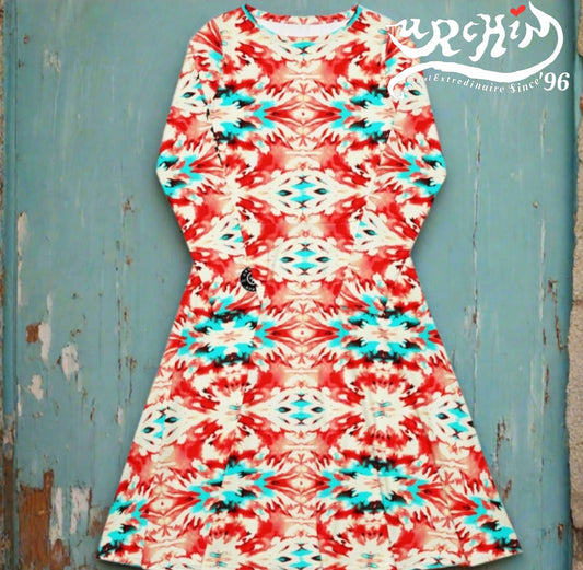 URCHIN Clothes 'CORAL SEA' Red and Blue Tie Dye. Long Sleeve Midi Dress. Choice of Sizes.