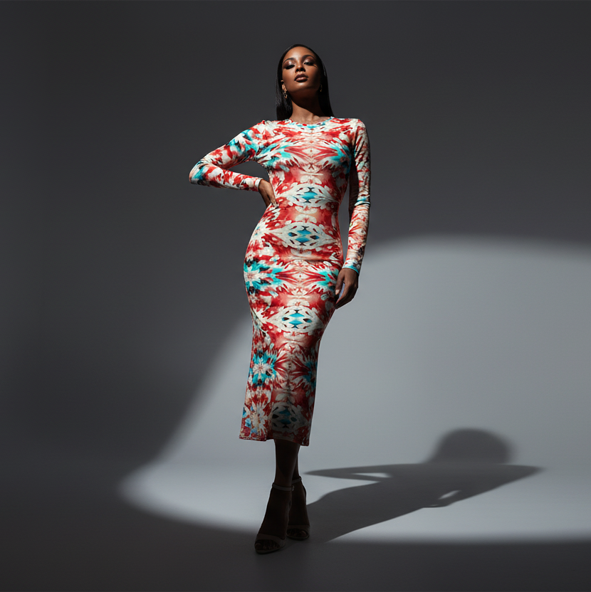 URCHIN 'CORAL SEA' Long Sleeve Midi Dress. Red and Blue Tie Dye Print.