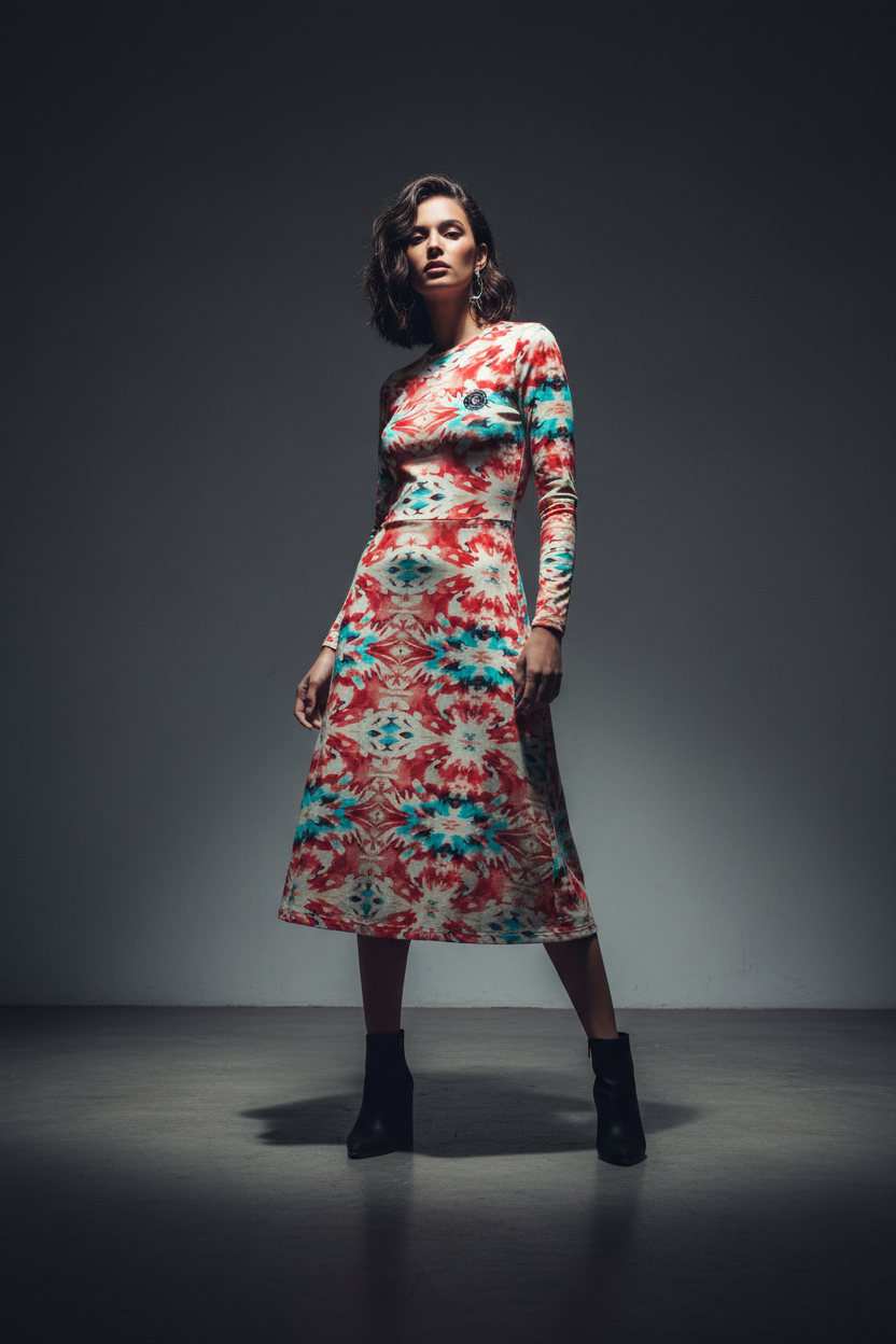 URCHIN 'CORAL SEA' Long Sleeve Midi Dress. Red and Blue Tie Dye Print.