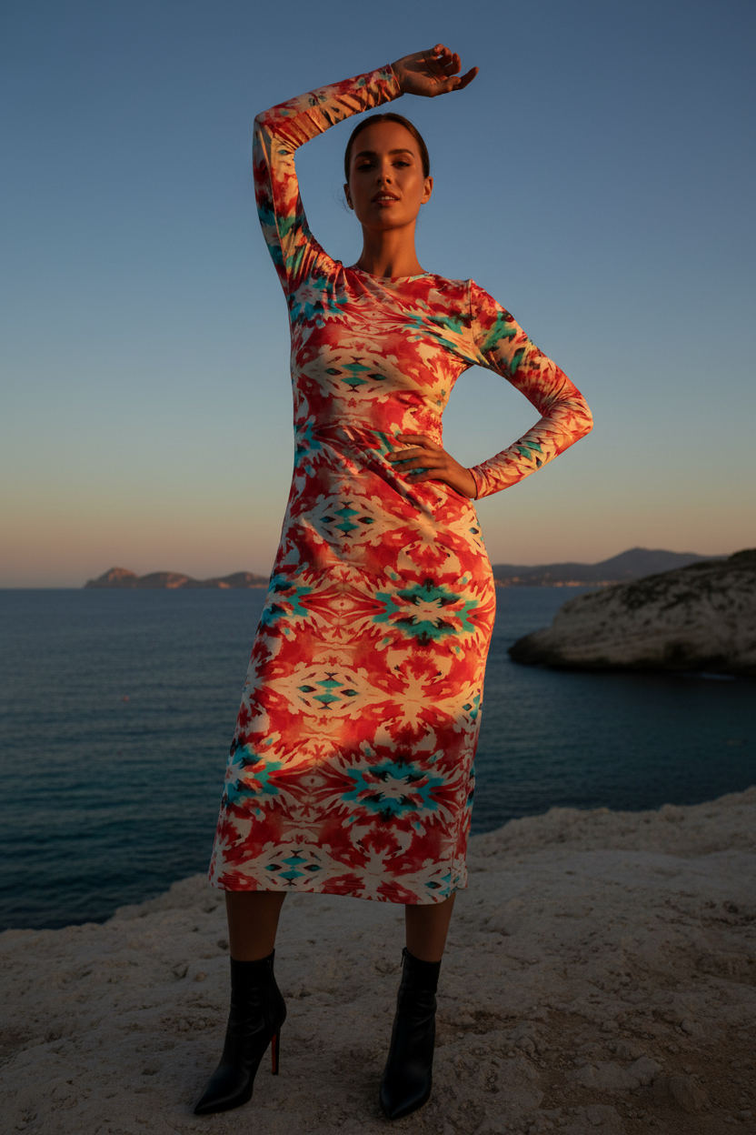 URCHIN 'CORAL SEA' Long Sleeve Midi Dress. Red and Blue Tie Dye Print.