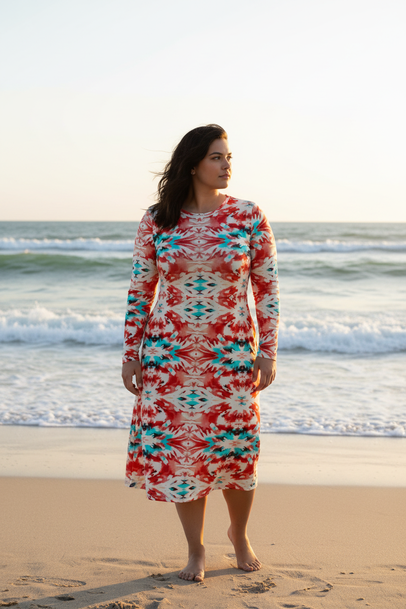 URCHIN 'CORAL SEA' Long Sleeve Midi Dress. Red and Blue Tie Dye Print.