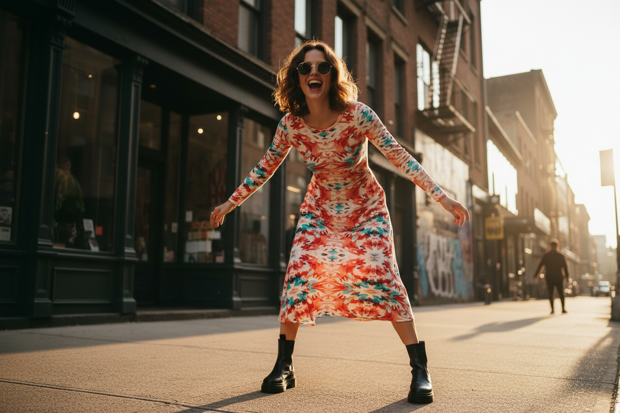 URCHIN 'CORAL SEA' Long Sleeve Midi Dress. Red and Blue Tie Dye Print.