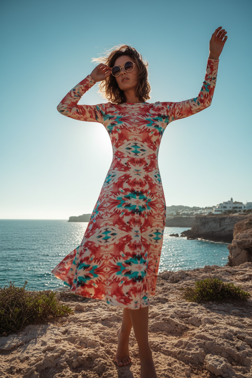 URCHIN 'CORAL SEA' Long Sleeve Midi Dress. Red and Blue Tie Dye Print.