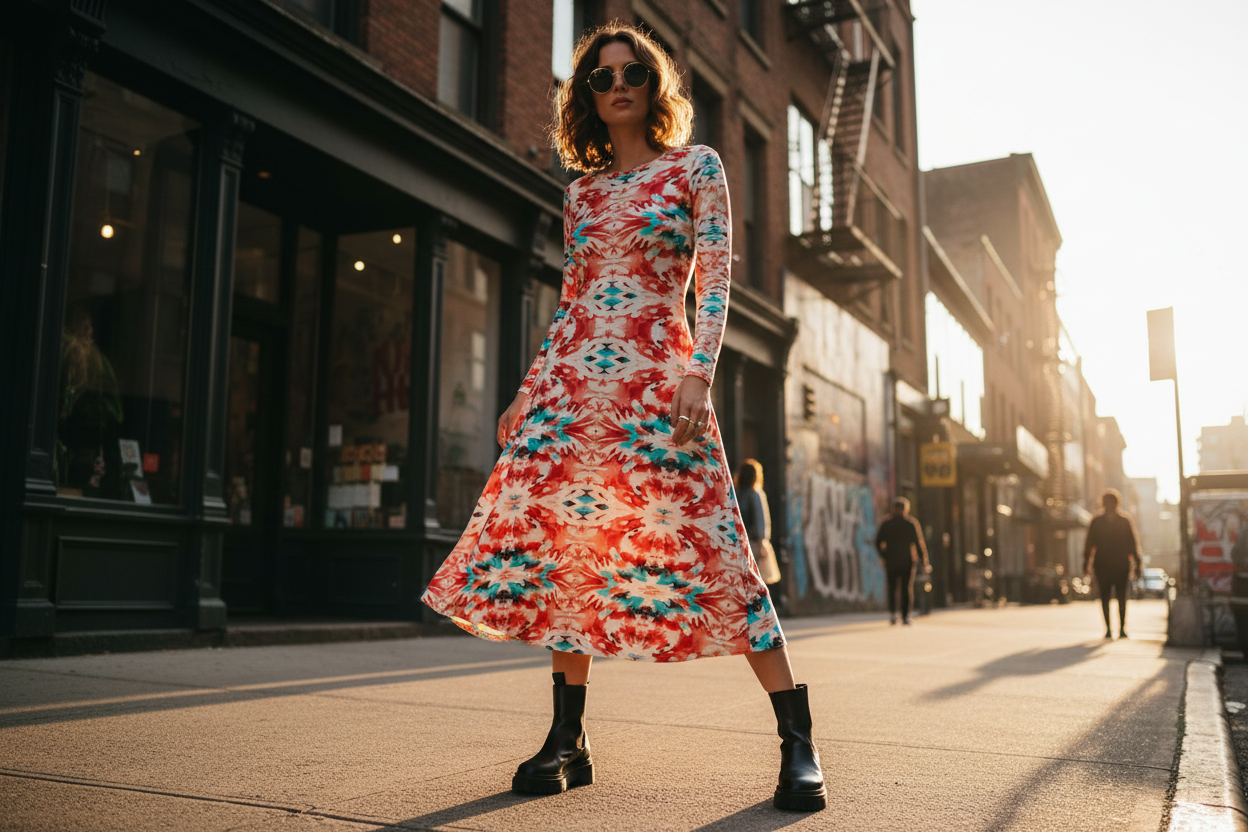 URCHIN 'CORAL SEA' Long Sleeve Midi Dress. Red and Blue Tie Dye Print.