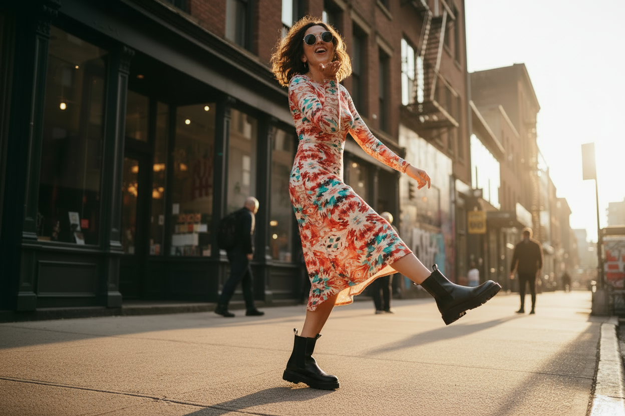 URCHIN 'CORAL SEA' Long Sleeve Midi Dress. Red and Blue Tie Dye Print.