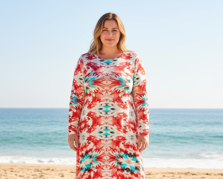 URCHIN 'CORAL SEA' Long Sleeve Midi Dress. Red and Blue Tie Dye Print.