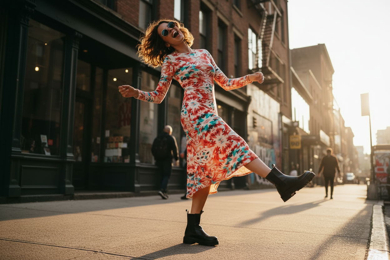 URCHIN 'CORAL SEA' Long Sleeve Midi Dress. Red and Blue Tie Dye Print.