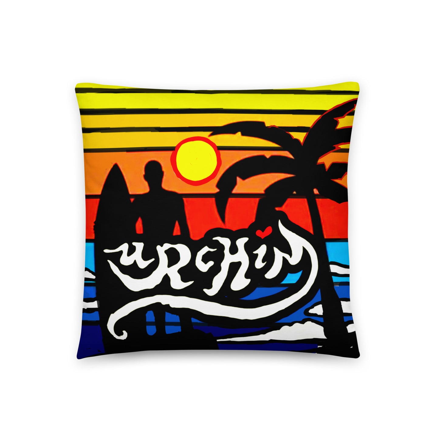 URCHIN Pillow-'Surfer Sunrise'. 'Surf, Party, Surf, Dance, Surf, Eat, Sleep, Repeat' Reverse Pillow ( medium size ).