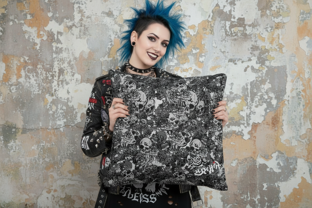 DARK URCHIN 'Skull Storm'. All over print Pillow (both sides). Colour 'Metal'( Grey). 3 Sizes.