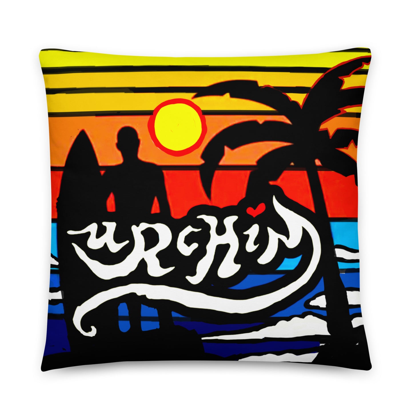 URCHIN Pillow -'Surfer Sunrise'. 'Surf, Party, Surf, Dance, Surf, Eat, Sleep, Repeat' Reverse ( Large ).