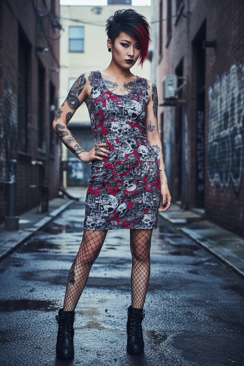 DARK URCHIN 'Skull Storm'. 'Dark Grape' (Deep Red). Women’s Bodycon Dress. Choice of Sizes.