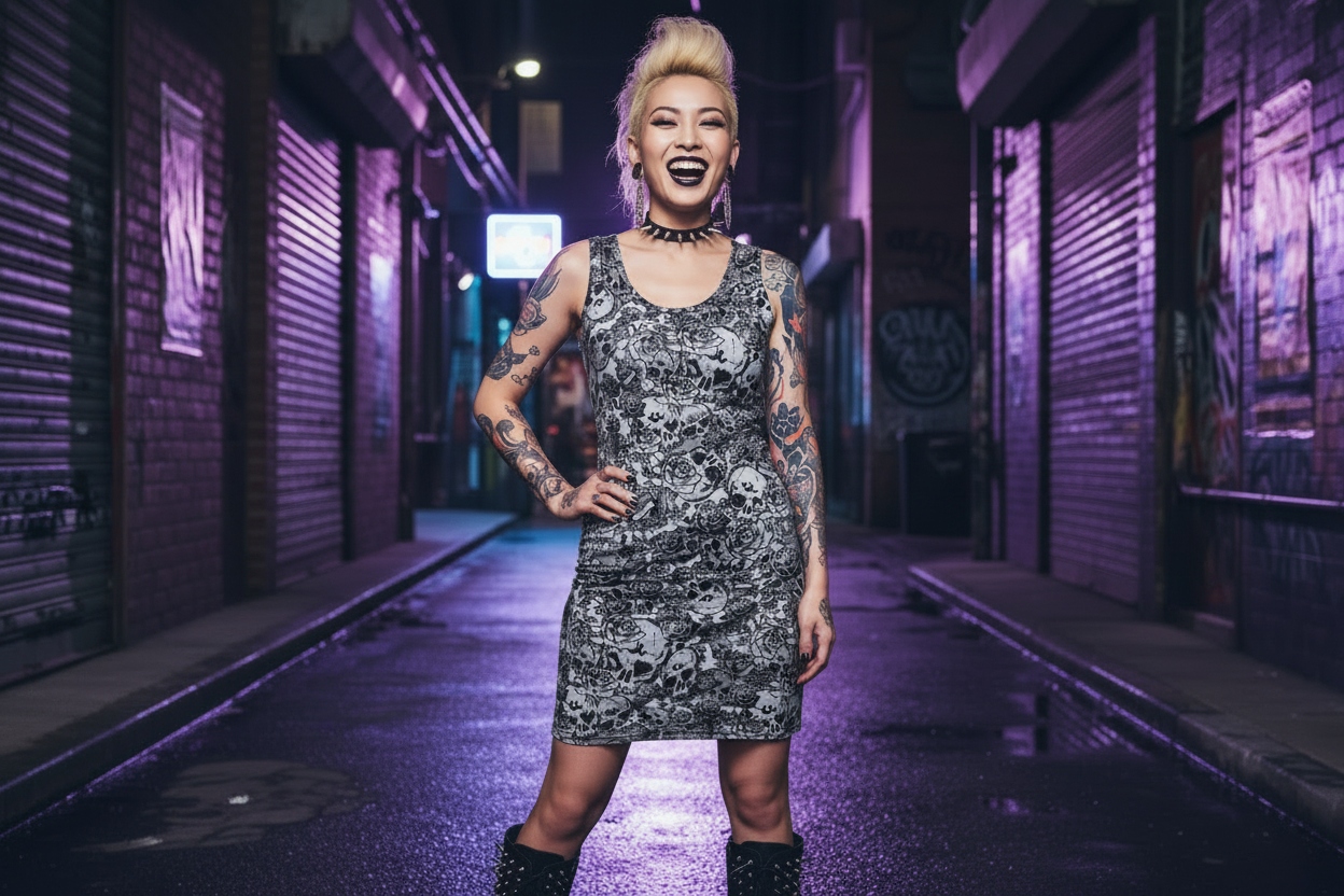 DARK URCHIN 'Skull Storm'. 'Metal' (Grey). Women’s Bodycon Dress. Choice of Sizes