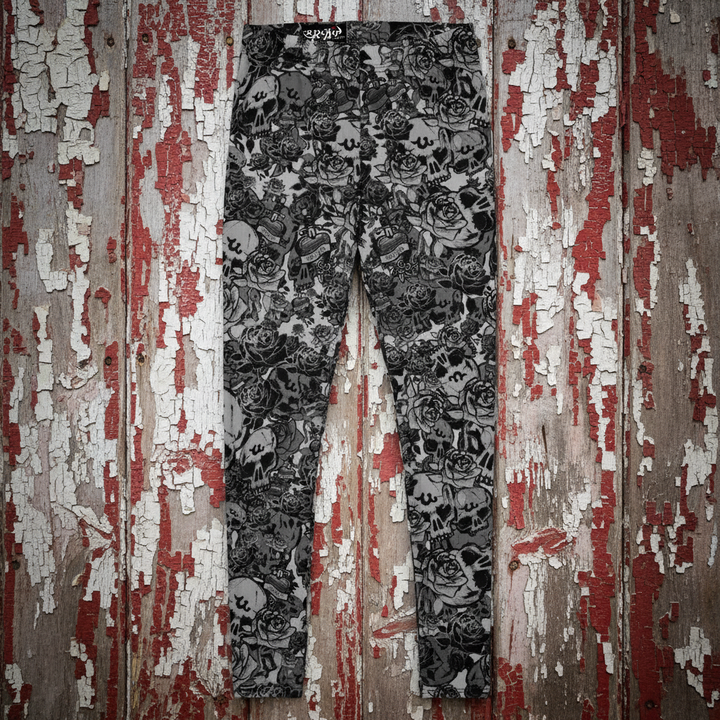 DARK URCHIN-'U Skull Storm' Skulls, Hearts Daggers, & Roses Leggings. Colour 'Metal' (Grey) Choice of Sizes.