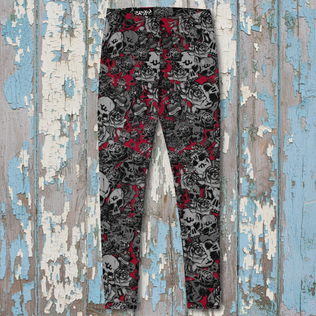 DARK URCHIN-'U Skull Storm' Skulls, Hearts Daggers, & Roses Leggings. Colour 'Wine' (Deep Red) Choice of Sizes.