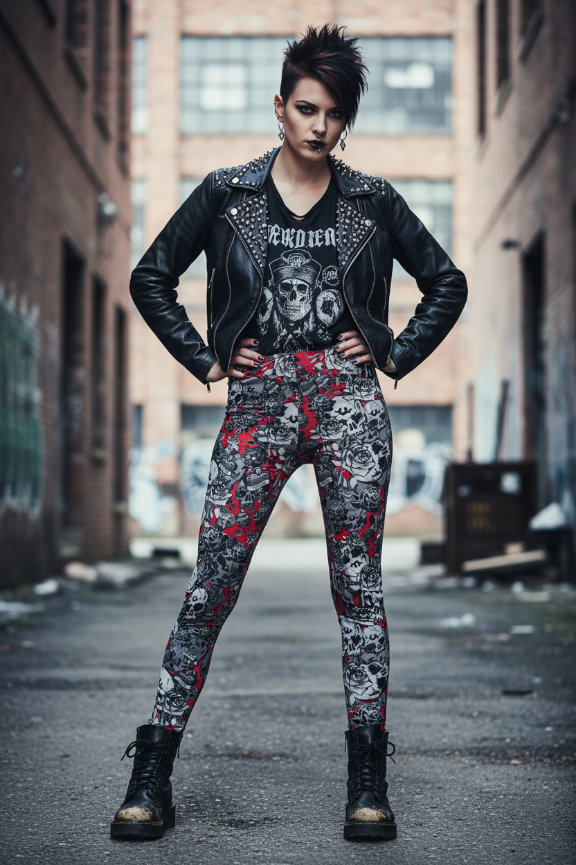 DARK URCHIN 'Skull Storm' Leggings. Colour 'Wine' (Deep Red). Choice of Sizes.