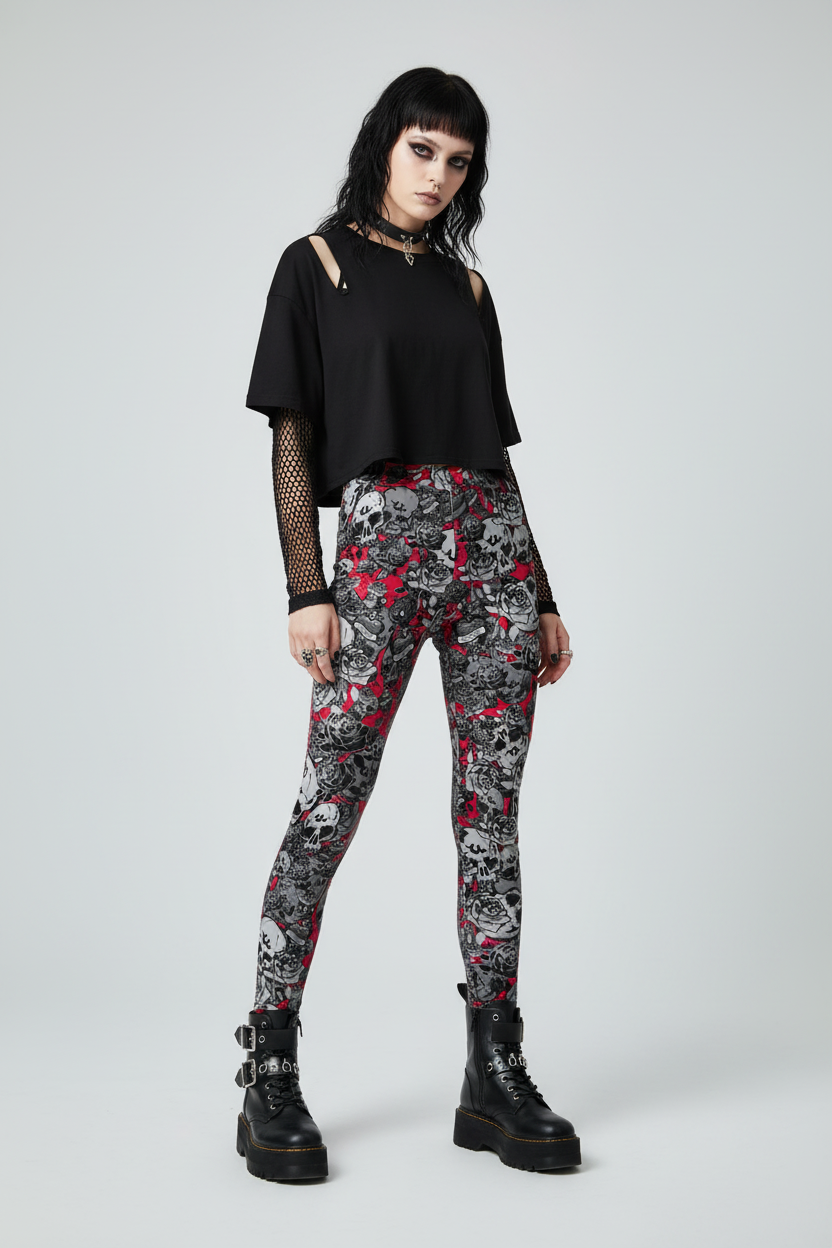 DARK URCHIN 'Skull Storm' Leggings. Colour 'Wine' (Deep Red). Choice of Sizes.