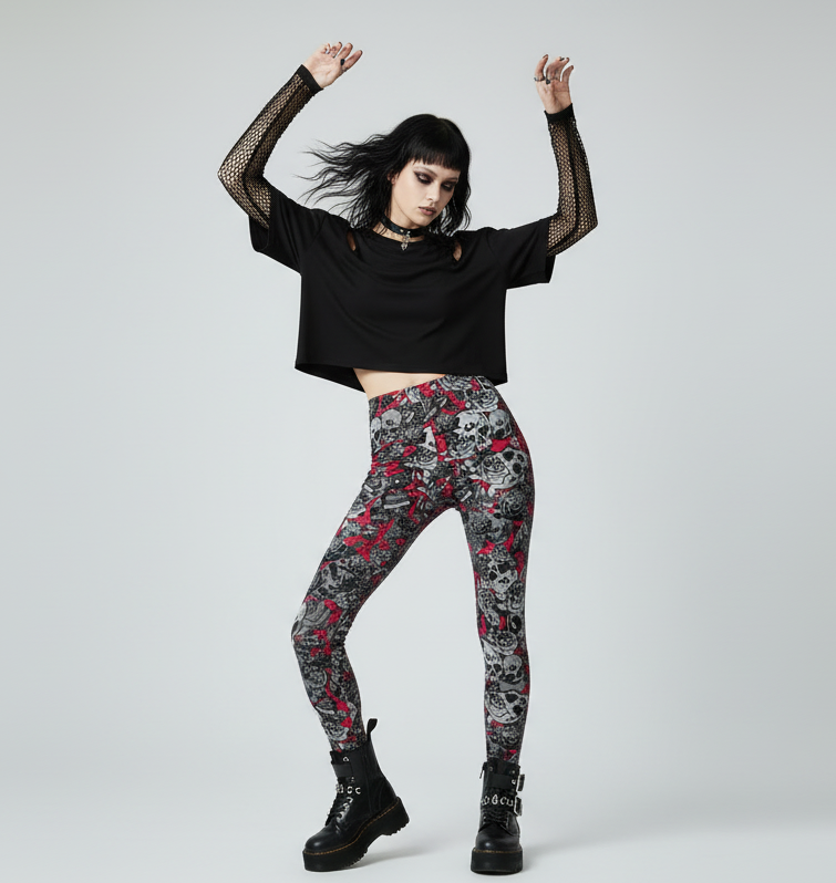 DARK URCHIN 'Skull Storm' Leggings. Colour 'Wine' (Deep Red). Choice of Sizes.