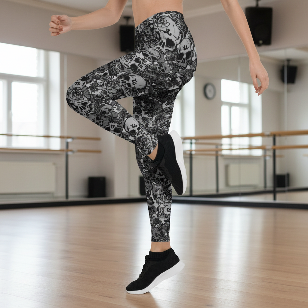 DARK URCHIN-'U Skull Storm' Skulls, Hearts Daggers, & Roses Leggings. Colour 'Metal' (Grey) Choice of Sizes.