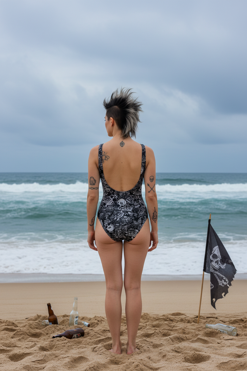 DARK URCHIN 'Skull Storm' One Piece Swimsuit. Colour 'Night' (Black). Choice of Sizes.