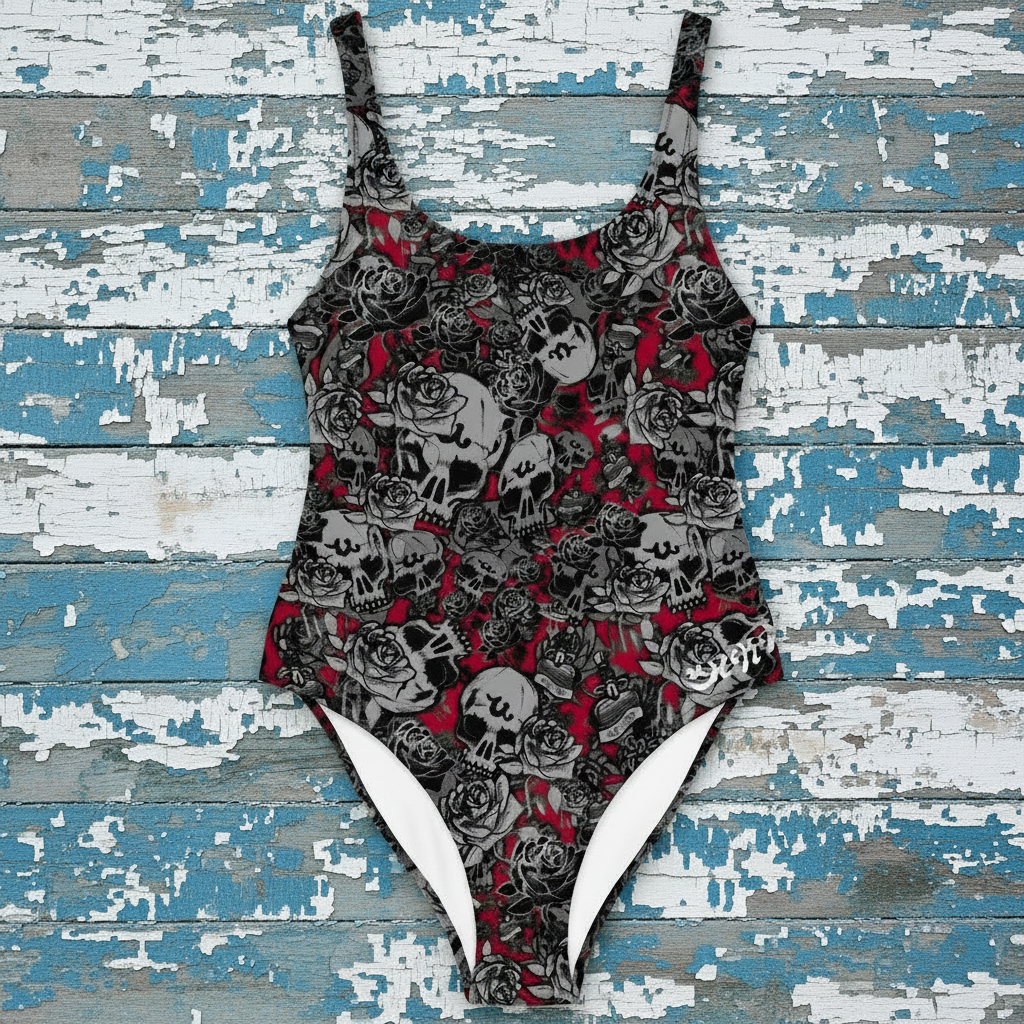 DARK URCHIN-'U Skull Storm'. Colour 'Wine' (Red). Choice of Sizes. One-Piece Swimsuit