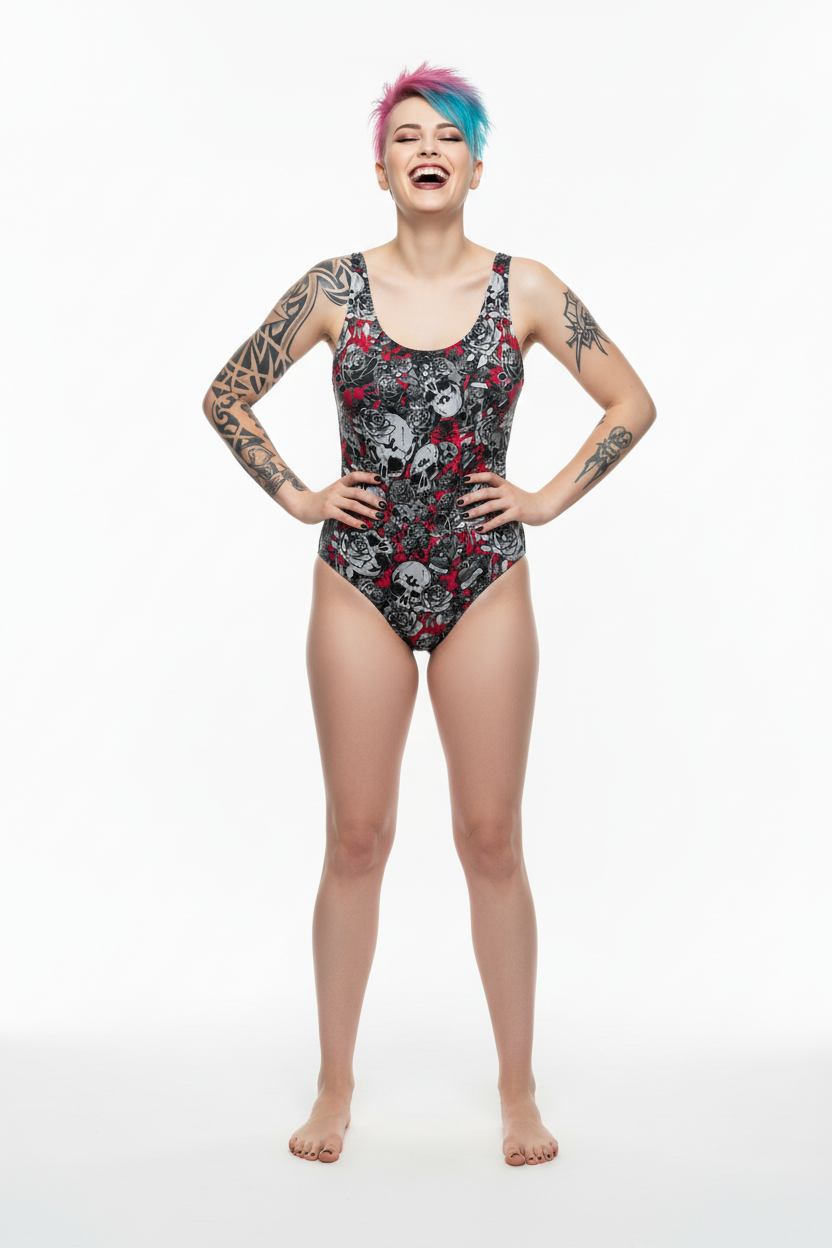 DARK URCHIN 'Skull Storm' One Piece Swimsuit. Colour 'Wine'(Red). Choice of Sizes.