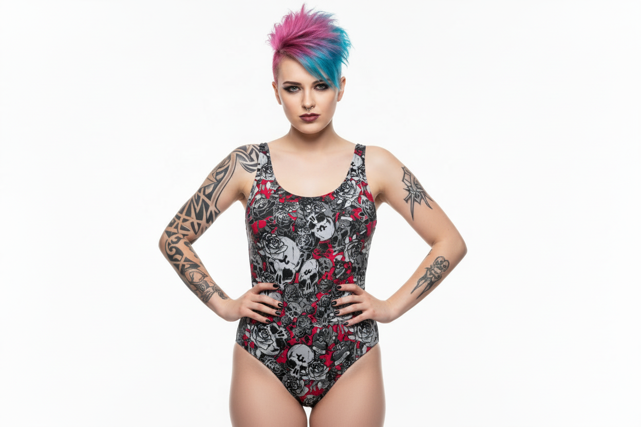DARK URCHIN 'Skull Storm' One Piece Swimsuit. Colour 'Wine'(Red). Choice of Sizes.