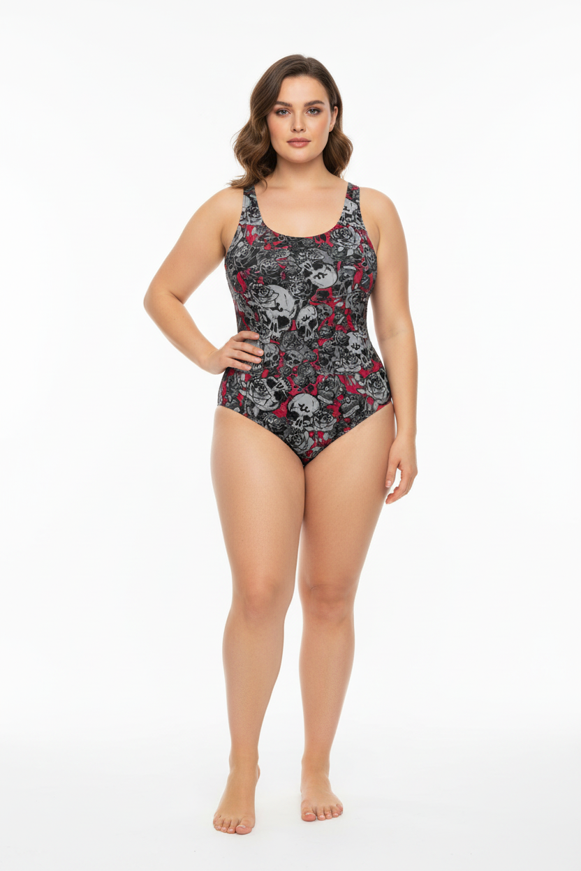 DARK URCHIN 'Skull Storm' One Piece Swimsuit. Colour 'Wine'(Red). Choice of Sizes.