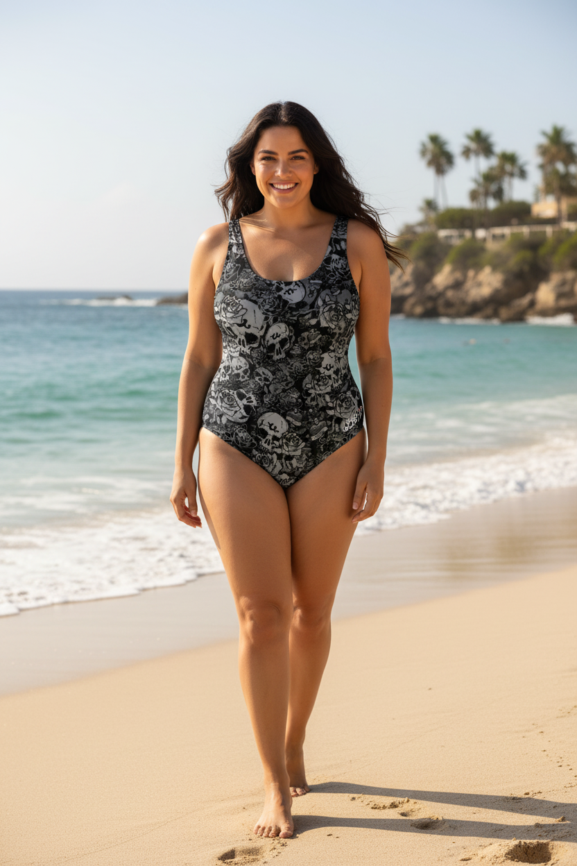 DARK URCHIN 'Skull Storm' One Piece Swimsuit. Colour 'Night' (Black). Choice of Sizes.