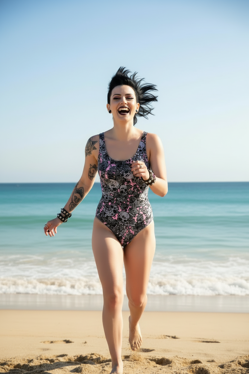 DARK URCHIN 'Skull Storm' One Piece Swimsuit. Colour 'Coral' (Pink). Choice of Sizes.