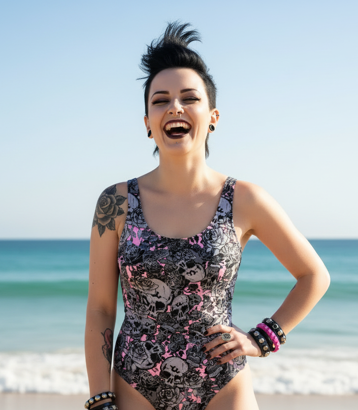 DARK URCHIN 'Skull Storm' One Piece Swimsuit. Colour 'Coral' (Pink). Choice of Sizes.