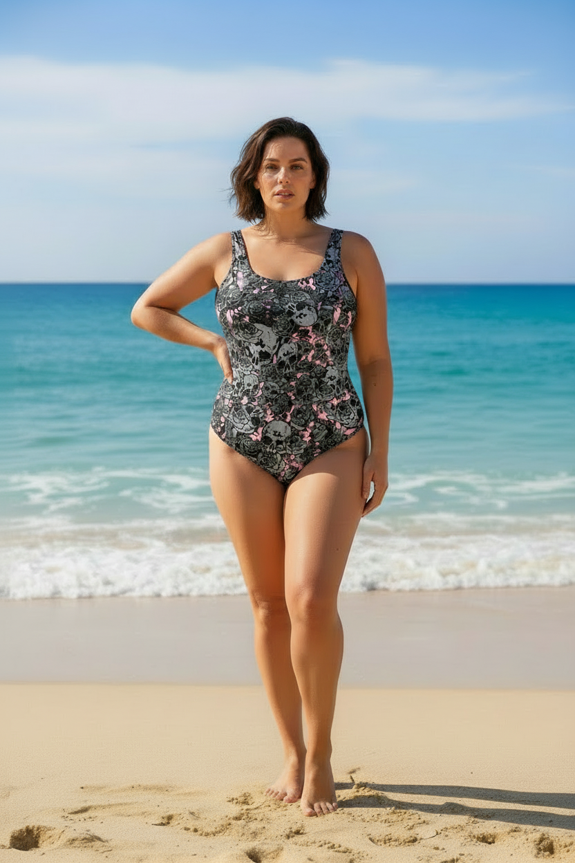 DARK URCHIN 'Skull Storm' One Piece Swimsuit. Colour 'Coral' (Pink). Choice of Sizes.