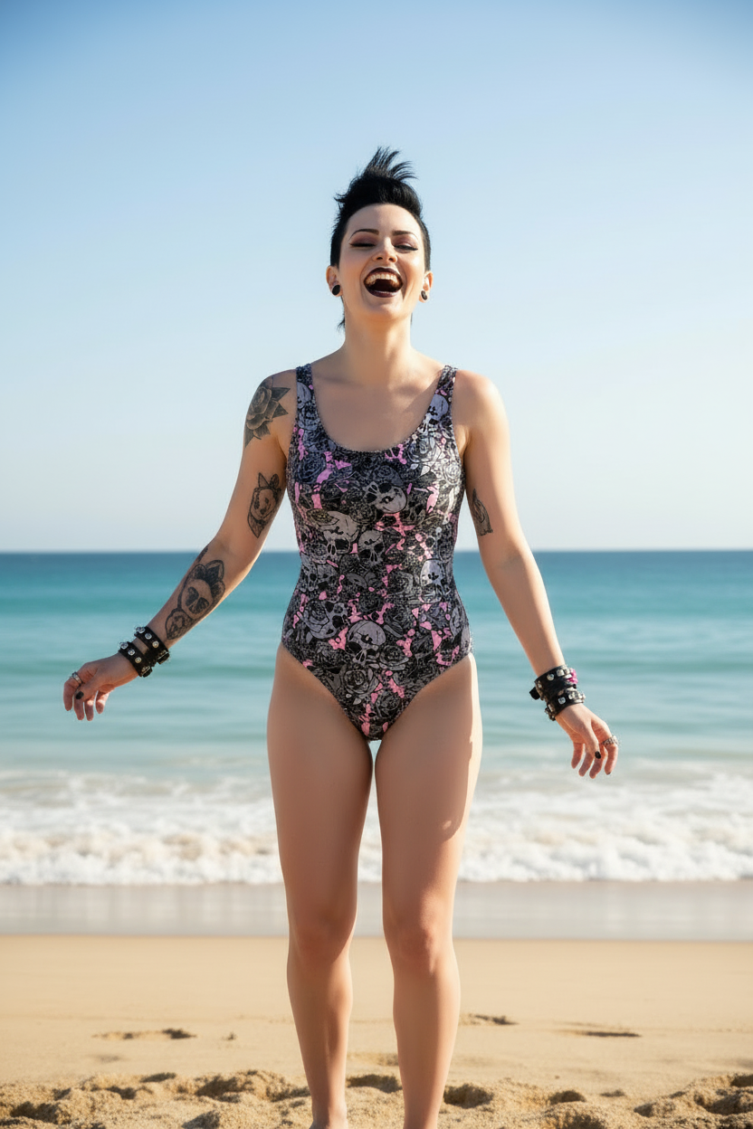 DARK URCHIN 'Skull Storm' One Piece Swimsuit. Colour 'Coral' (Pink). Choice of Sizes.