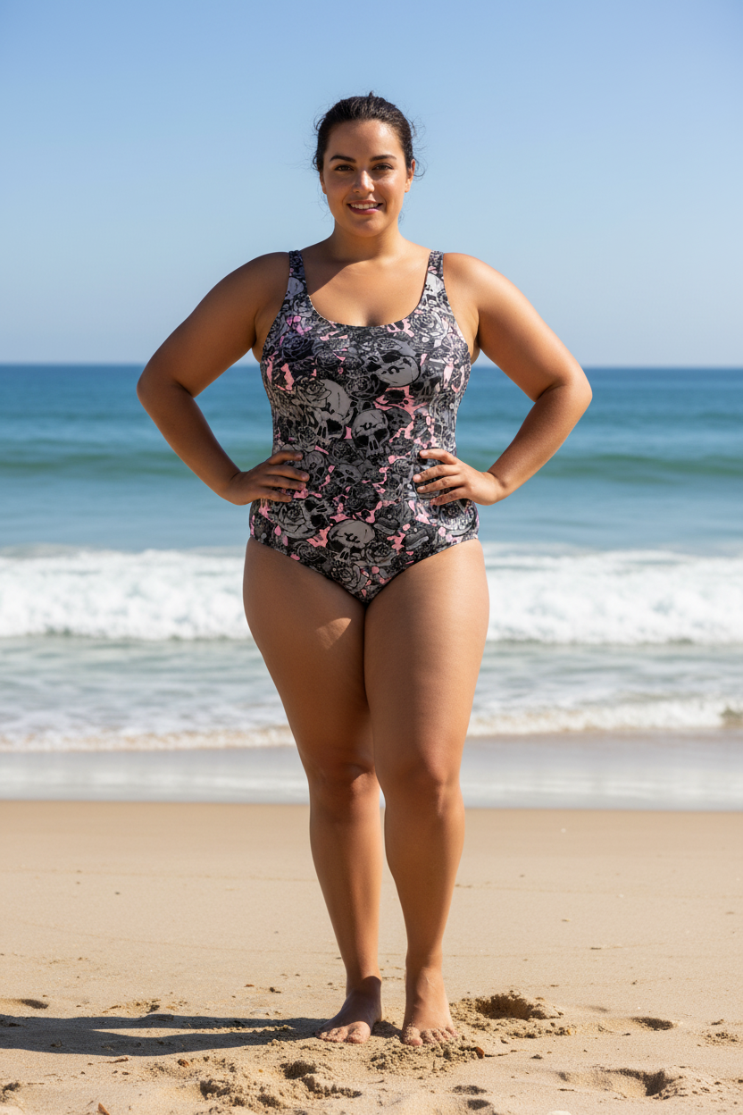 DARK URCHIN 'Skull Storm' One Piece Swimsuit. Colour 'Coral' (Pink). Choice of Sizes.