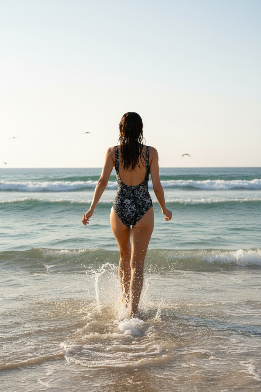 DARK URCHIN 'Skull Storm' One Piece Swimsuit. Colour 'Night' (Black). Choice of Sizes.