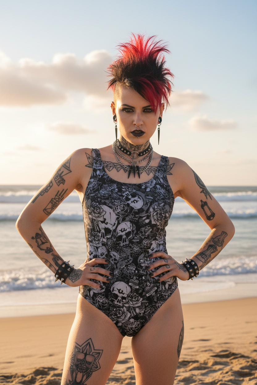 DARK URCHIN 'Skull Storm' One Piece Swimsuit. Colour 'Night' (Black). Choice of Sizes.