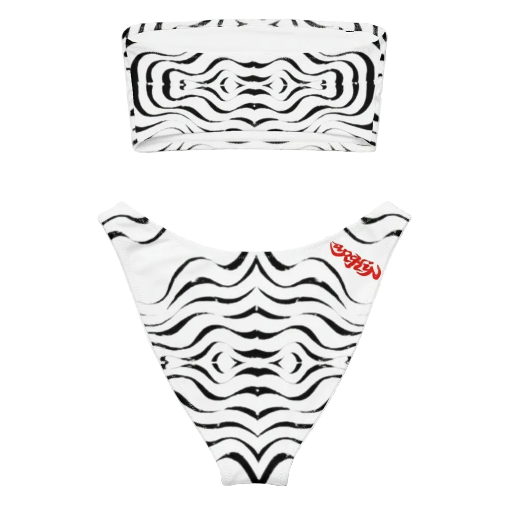 URCHIN 'TATTOO WAVE' Black Stripe. Recycled Bandeau Style Bikini. Choice of Sizes.
