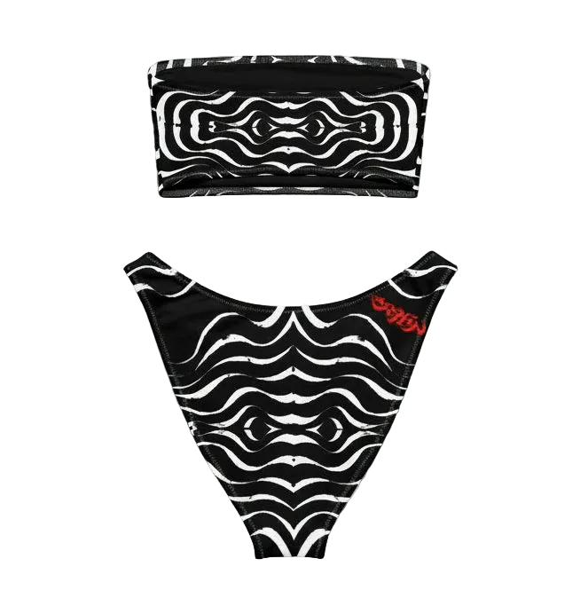 URCHIN Swimwear 'TATTOO WAVE' White Stripe. Recycled Bandeau Style Bikini. Choice of Sizes.