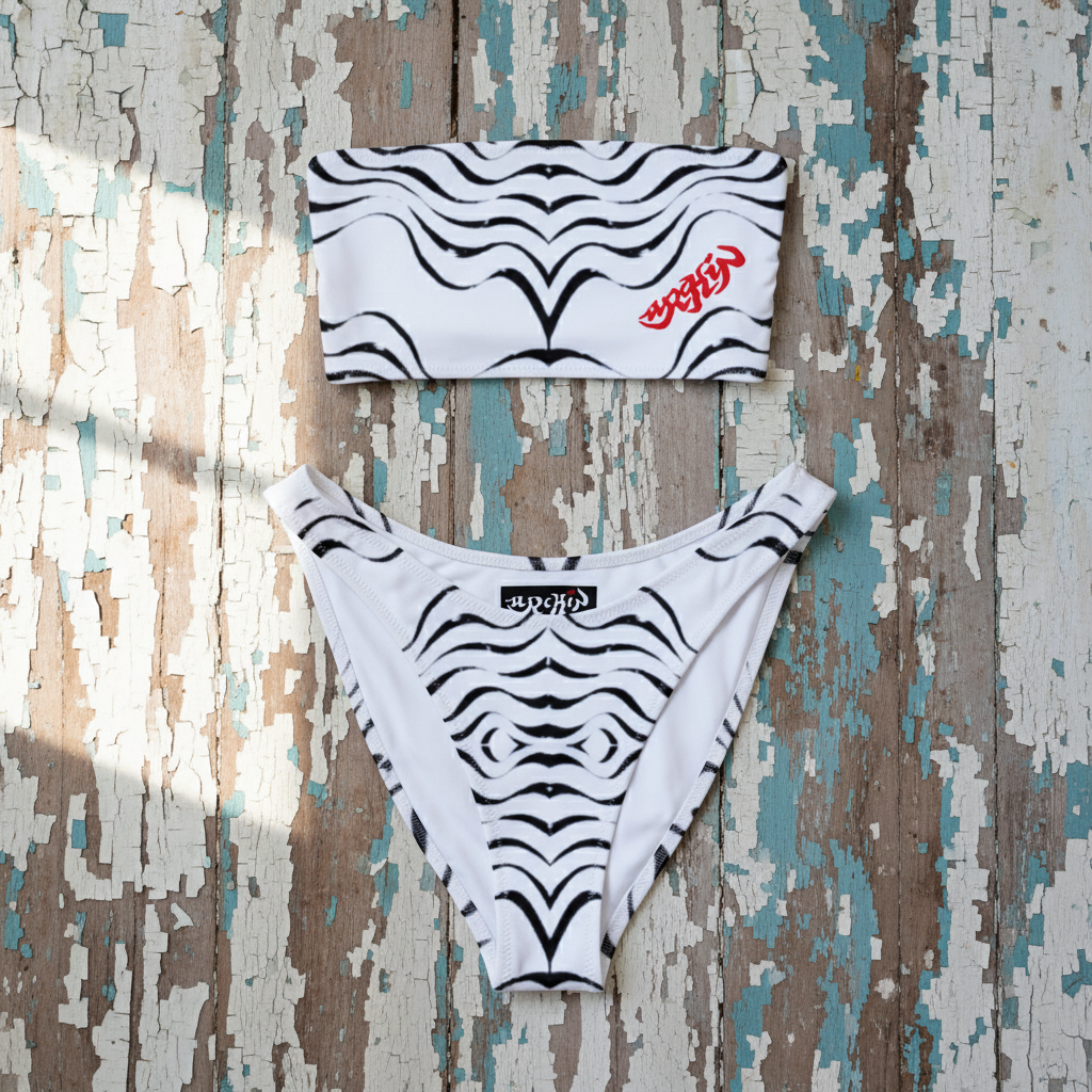 URCHIN 'TATTOO WAVE' Black Stripe. Recycled Bandeau Style Bikini. Choice of Sizes.