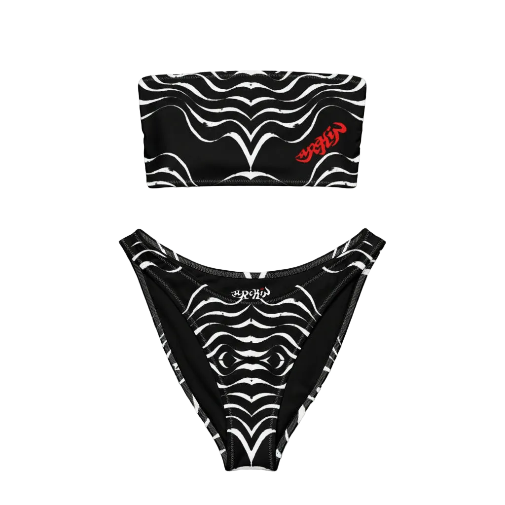 URCHIN Swimwear 'TATTOO WAVE' White Stripe. Recycled Bandeau Style Bikini. Choice of Sizes.