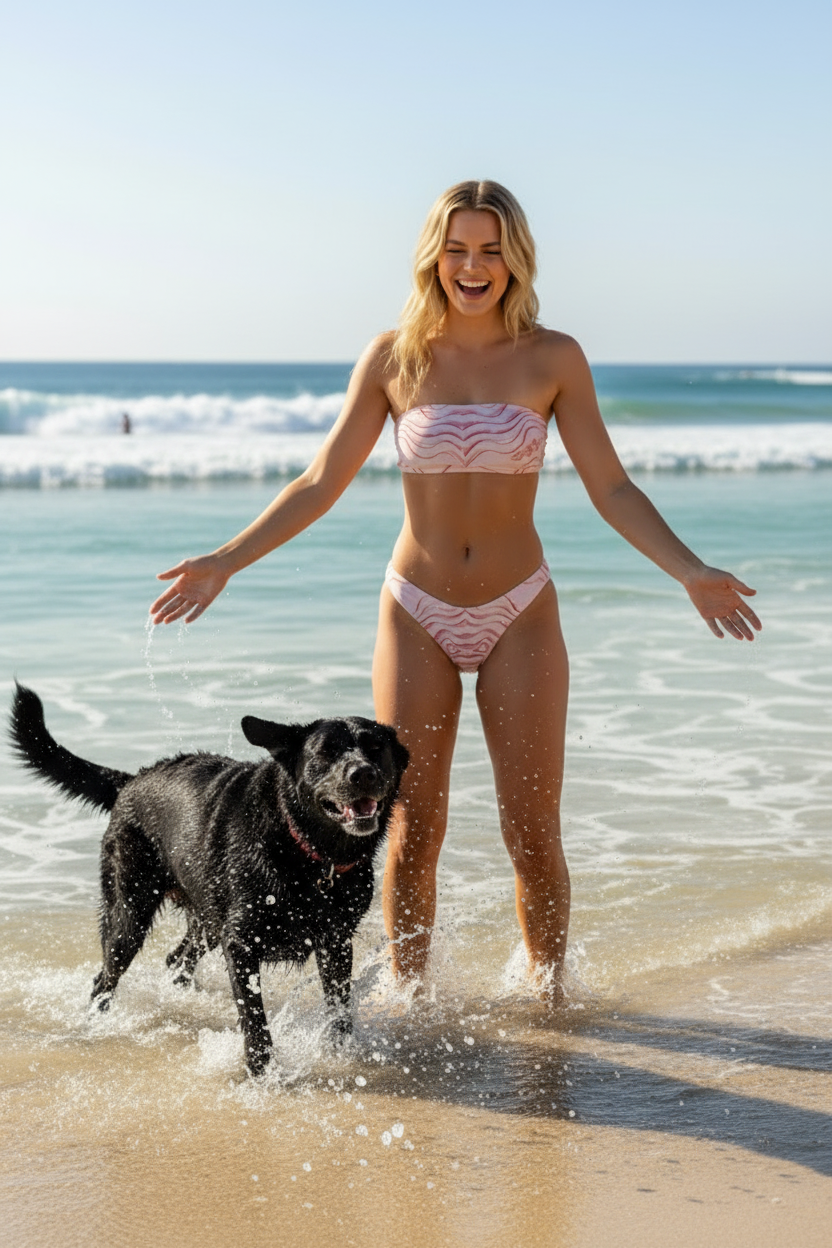 URCHIN 'TATTOO WAVE'. Pink Stripe. Recycled bandeau bikini