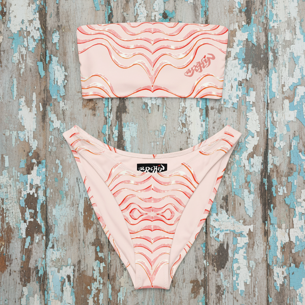 URCHIN 'TATTOO WAVE'. Pink Stripe. Recycled bandeau bikini
